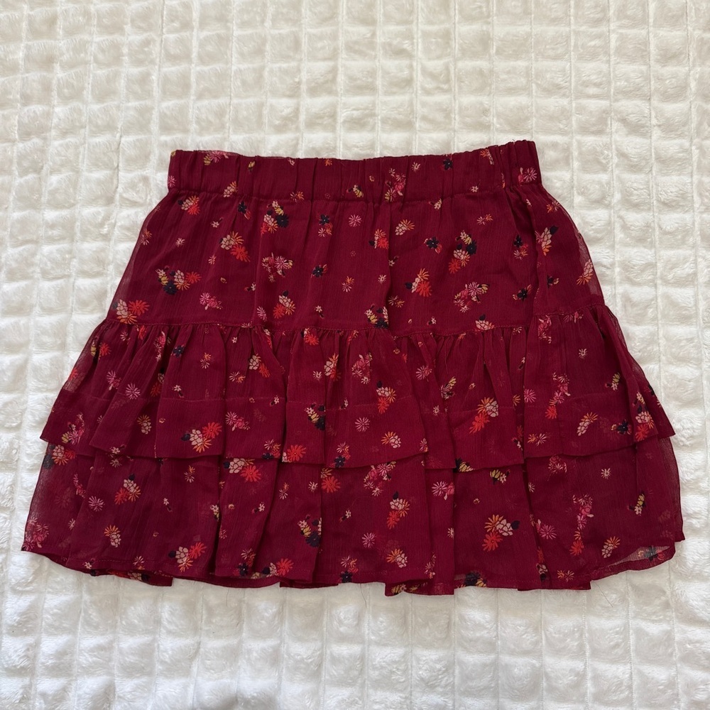 Free People Small From the Valley Red Floral Ruffle Tiered Chiffon Mini Skirt